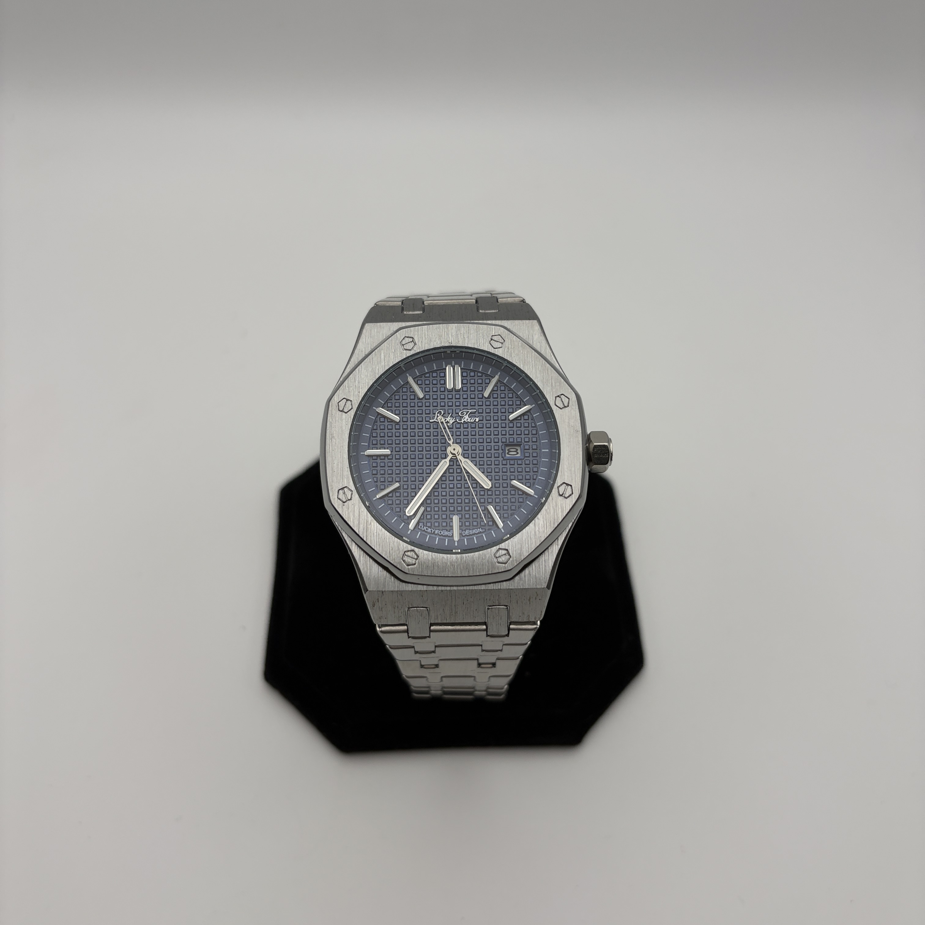 Lucky Fours Watch Mens Stainless Steel Quartz Watch With Blue Dial